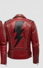 Red Studded Leather Biker Jacket Punk Rock Lightning Bolt Custom Handmade