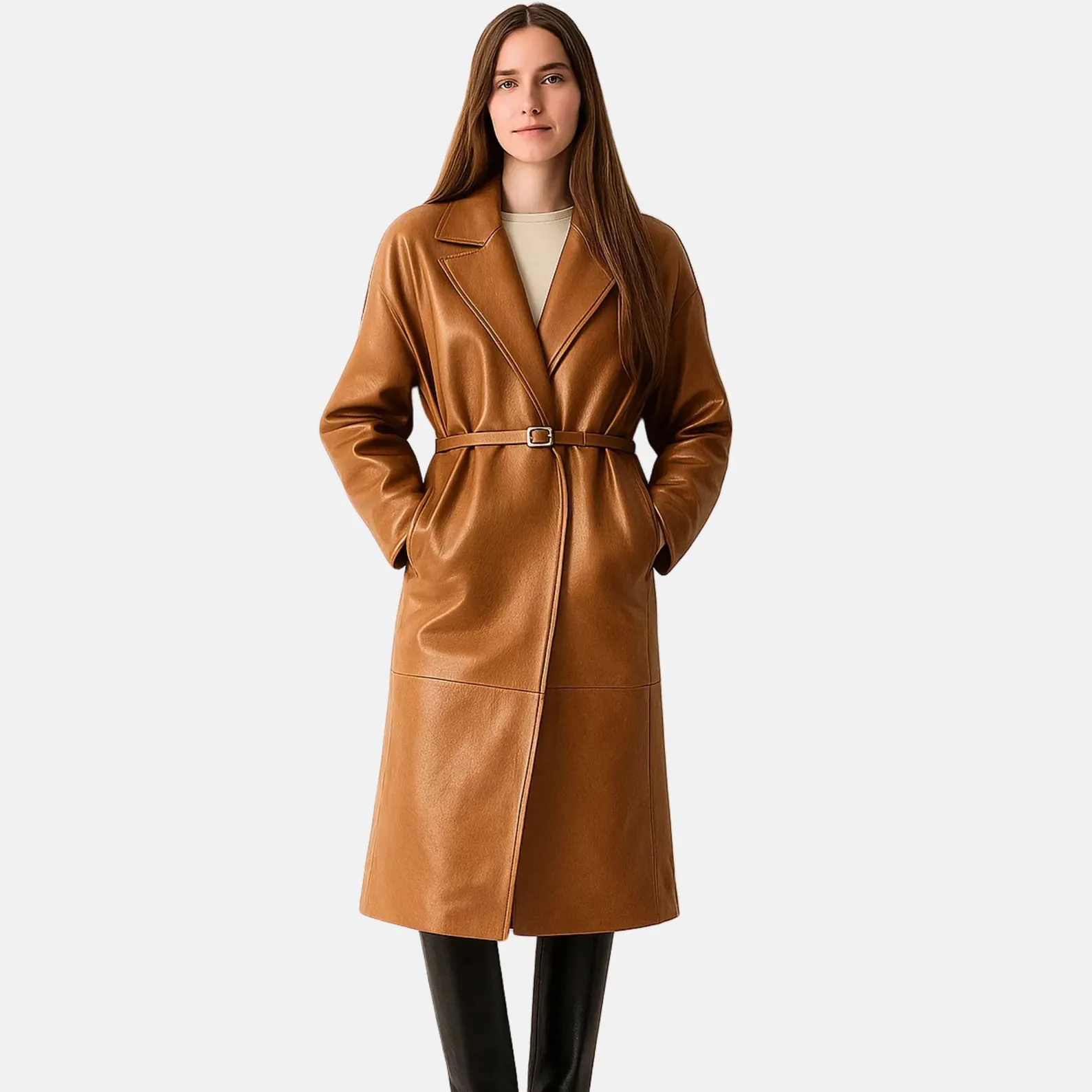 Women Brown Leather Trench Coat Long Belted Handmade Overcoat Women Brown Leather Trench Coat Long Belted Handmade Overcoat