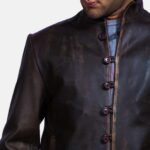 Men’s Distressed Brown Leather Jacket Vintage Mandarin Collar Button Up Style - Image 2