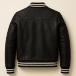 Unisex Black Leather Varsity Jacket Classic Bomber with Striped Trim