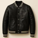 Unisex Black Leather Varsity Jacket Classic Bomber with Striped Trim