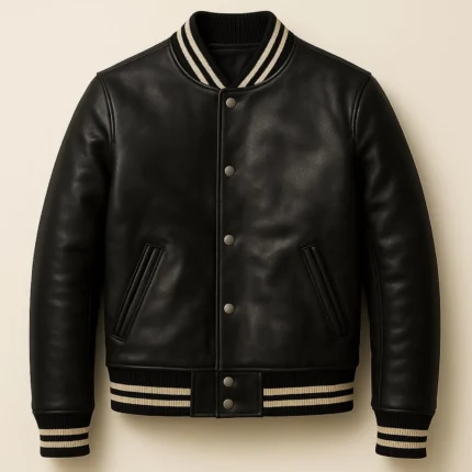 Unisex Black Leather Varsity Jacket Classic Bomber with Striped Trim