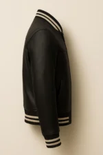 Unisex Black Leather Varsity Jacket Classic Bomber with Striped Trim - Image 3
