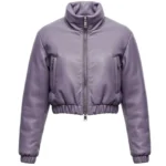 Women’s Cropped Lavender Genuine Leather Puffer Jacket with High Neck & Elastic Hem