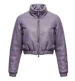 Women’s Cropped Lavender Genuine Leather Puffer Jacket with High Neck & Elastic Hem