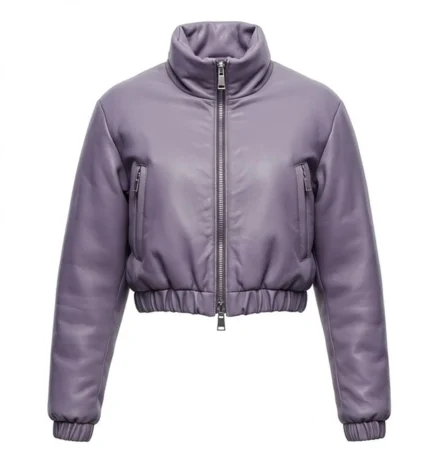 Women’s Cropped Lavender Genuine Leather Puffer Jacket with High Neck & Elastic Hem