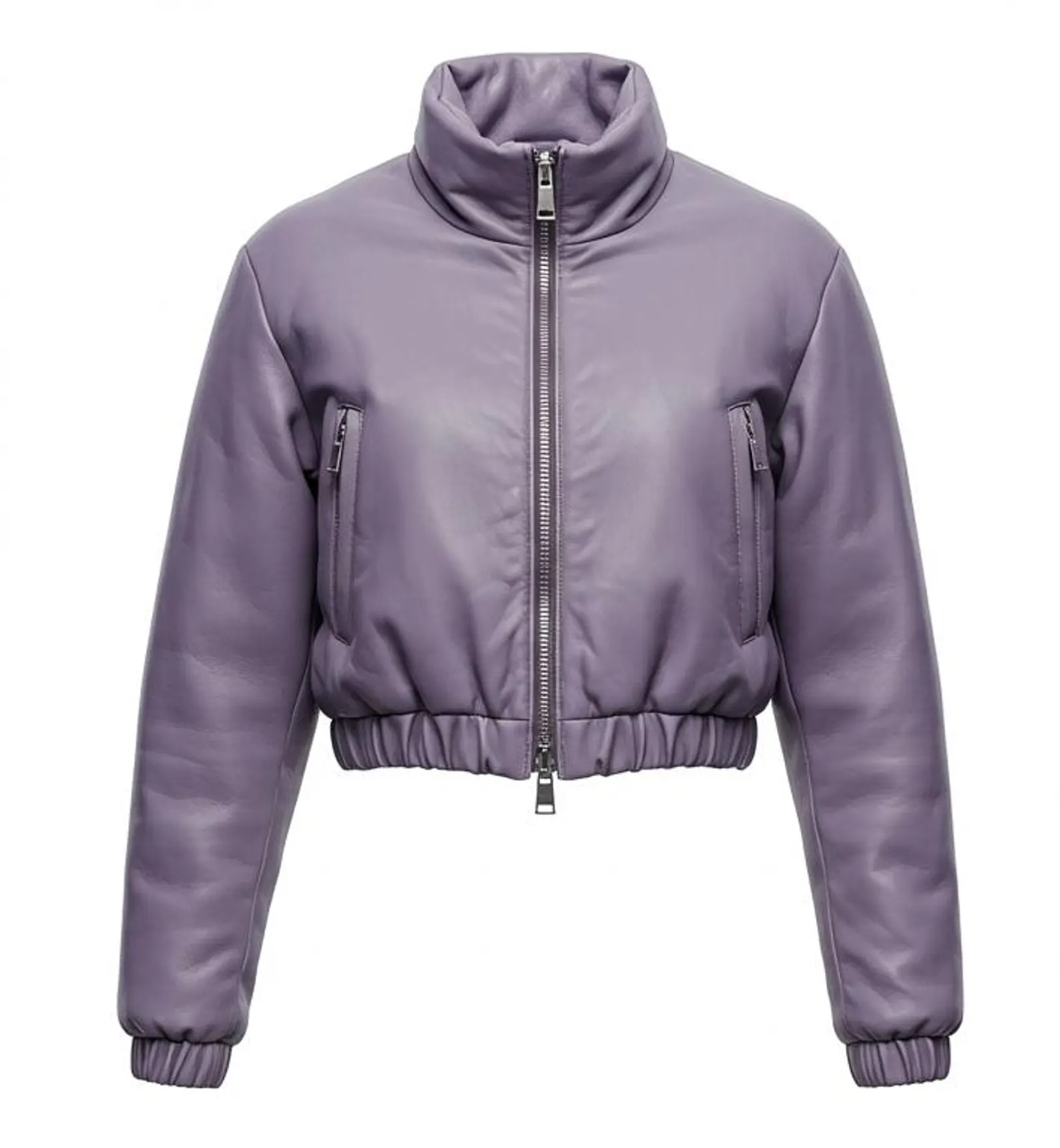 Women’s Cropped Lavender Genuine Leather Puffer Jacket with High Neck & Elastic Hem Women’s Cropped Lavender Genuine Leather Puffer Jacket with High Neck & Elastic Hem