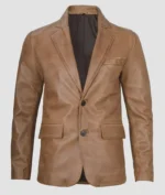 Men’s Camel Brown Leather Blazer Handmade Genuine Lambskin Sheepskin Two Button Jacket - Image 2