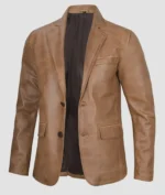 Men’s Camel Brown Leather Blazer Handmade Genuine Lambskin Sheepskin Two Button Jacket - Image 3