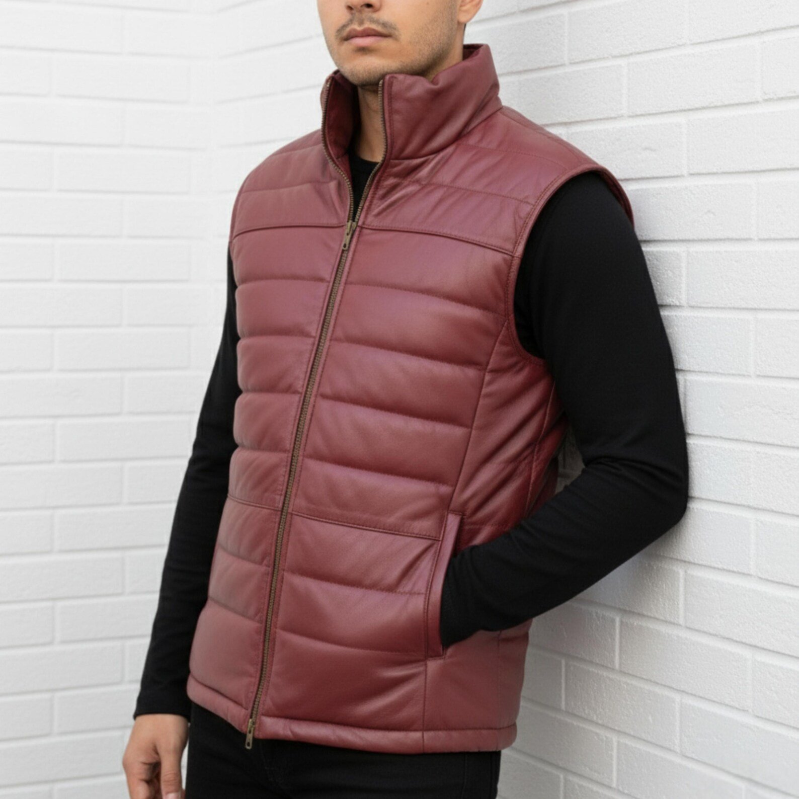 Handmade Lambskin Leather Puffer Vest Quilted Down Winter Gilet Handmade Lambskin Leather Puffer Vest Quilted Down Winter Gilet