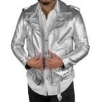 Italian Leather Silver Biker Jacket Men's Motorcycle Jacket