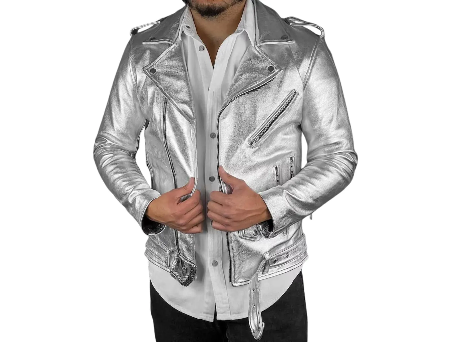 Italian Leather Silver Biker Jacket Men's Motorcycle Jacket Italian Leather Silver Biker Jacket Men's Motorcycle Jacket