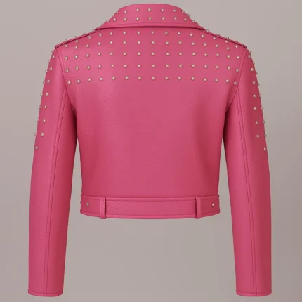 Women's Pink Studded Leather Biker Jacket Cropped Moto Style with Silver Rivet Detailing