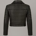 Women's Black Studded Leather Biker Jacket Cropped Moto Style with Silver Rivet Detailing