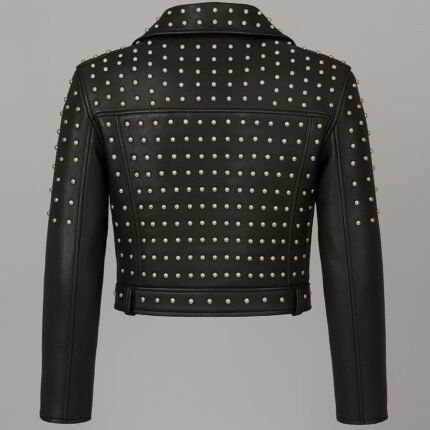 Women's Black Studded Leather Biker Jacket Cropped Moto Style with Silver Rivet Detailing
