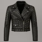 Women's Black Studded Leather Biker Jacket Cropped Moto Style with Silver Rivet Detailing