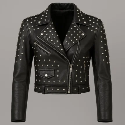 Women's Black Studded Leather Biker Jacket Cropped Moto Style with Silver Rivet Detailing