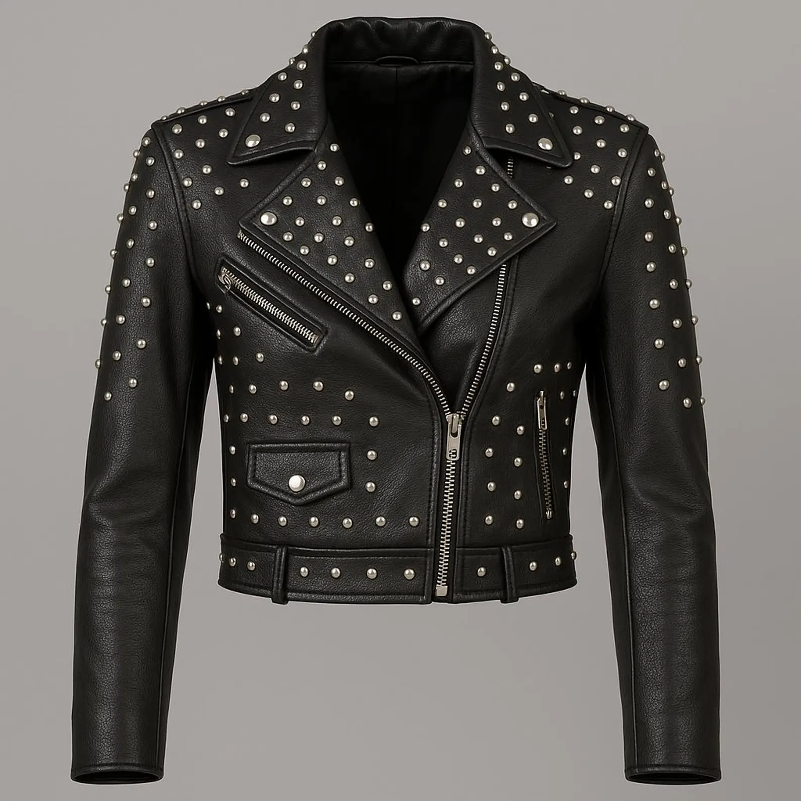 Women's Black Studded Leather Biker Jacket Cropped Moto Style with Silver Rivet Detailing Women's Black Studded Leather Biker Jacket Cropped Moto Style with Silver Rivet Detailing