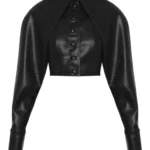 Black Faux Leather Cropped Jacket for Women Slim Fit Long Sleeve Moto Coat