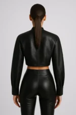 Black Faux Leather Cropped Jacket for Women Slim Fit Long Sleeve Moto Coat