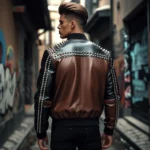 Handmade Two Tone Leather Biker Jacket Studded Punk Rock Moto Coat