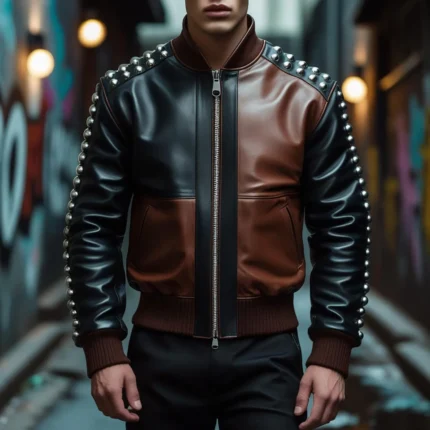 Handmade Two Tone Leather Biker Jacket Studded Punk Rock Moto Coat