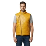Handmade Yellow Leather Puffer Vest Men's Winter Streetwear