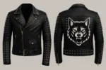 Black Leather Studded Wolf Jacket Biker Punk Gothic Style