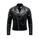Cyberpunk Studded Leather Biker Jacket Geometric Rivets Blue Stitching
