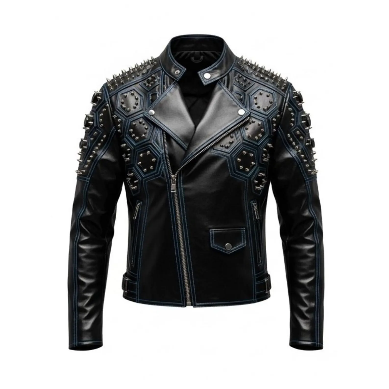 Cyberpunk Studded Leather Biker Jacket Geometric Rivets Blue Stitching Cyberpunk Studded Leather Biker Jacket Geometric Rivets Blue Stitching