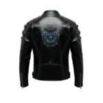 Cyberpunk Studded Leather Biker Jacket Geometric Rivets Blue Stitching