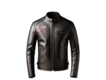 Custom Handmade Leather Jacket Women Black Biker Coat with Pink Butterfly Floral Embroidery
