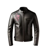 Custom Handmade Leather Jacket Women Black Biker Coat with Pink Butterfly Floral Embroidery