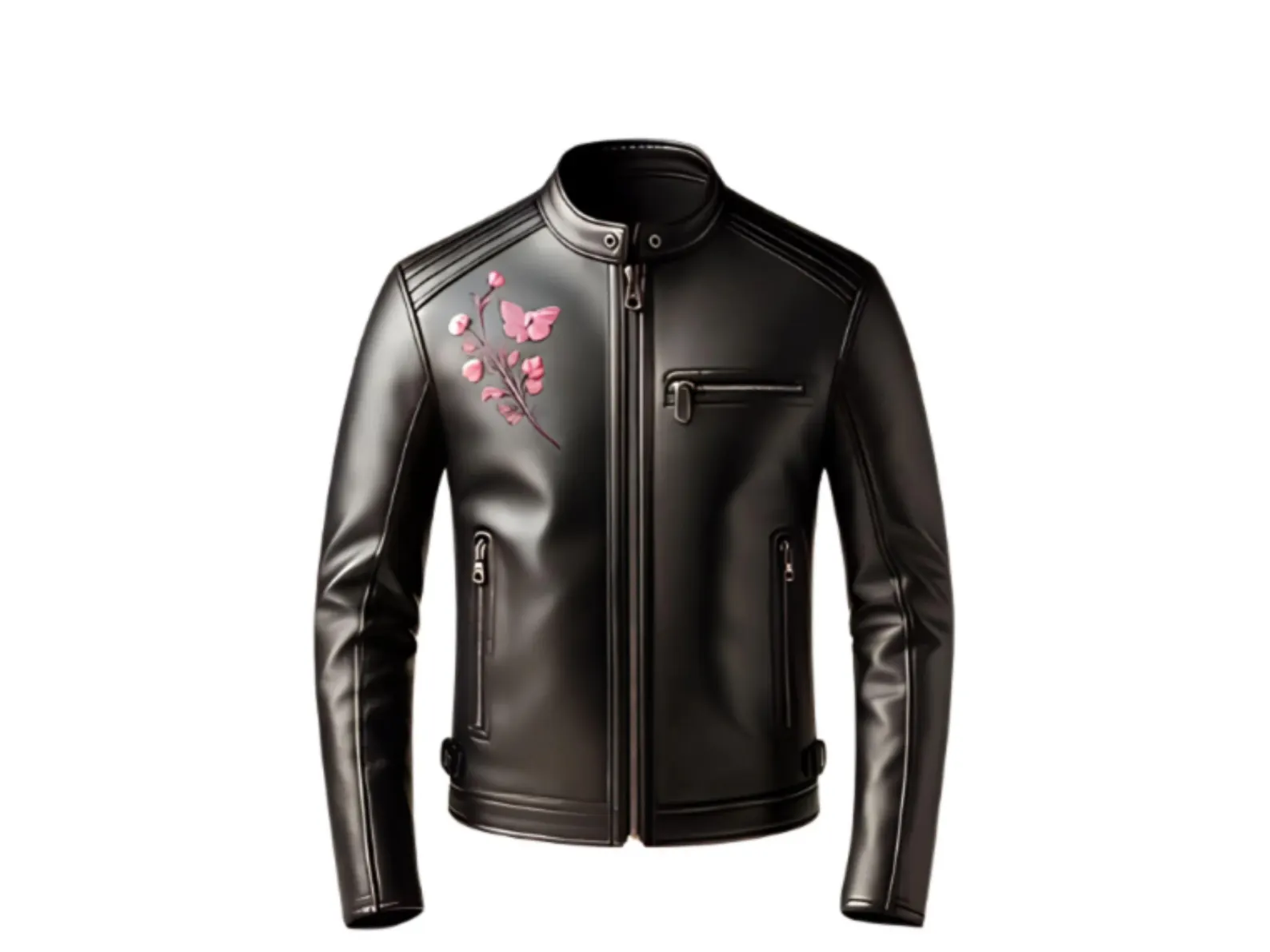 Custom Handmade Leather Jacket Women Black Biker Coat with Pink Butterfly Floral Embroidery Custom Handmade Leather Jacket Women Black Biker Coat with Pink Butterfly Floral Embroidery