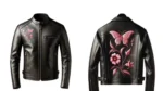 Custom Handmade Leather Jacket Women Black Biker Coat with Pink Butterfly Floral Embroidery