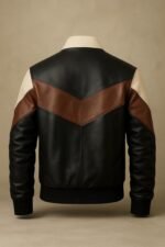 Men’s Color Block Leather Jacket Black Brown & Beige Bomber Style genuine leather