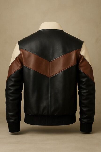 Men’s Color Block Leather Jacket Black Brown & Beige Bomber Style genuine leather