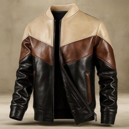 Men’s Color Block Leather Jacket Black Brown & Beige Bomber Style genuine leather