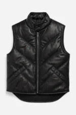 Black Real Leather Puffer Vest Men’s Sleeveless Biker Style Jacket Zipper Front with Snap Collar & Pockets Premium Streetwear Outerwear