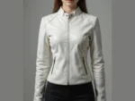 White Leather Jacket with Rose Embroidery Women’s Genuine Leather Biker Jacket