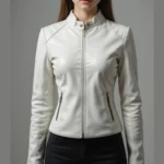 White Leather Jacket with Rose Embroidery Women’s Genuine Leather Biker Jacket