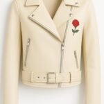 Women’s Beige Leather Biker Jacket with Red Rose Embroidery Cropped Moto Style