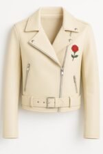 Women’s Beige Leather Biker Jacket with Red Rose Embroidery Cropped Moto Style