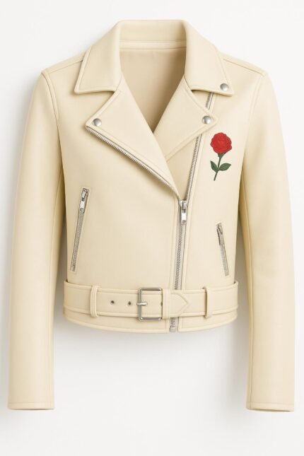 Women’s Beige Leather Biker Jacket with Red Rose Embroidery Cropped Moto Style