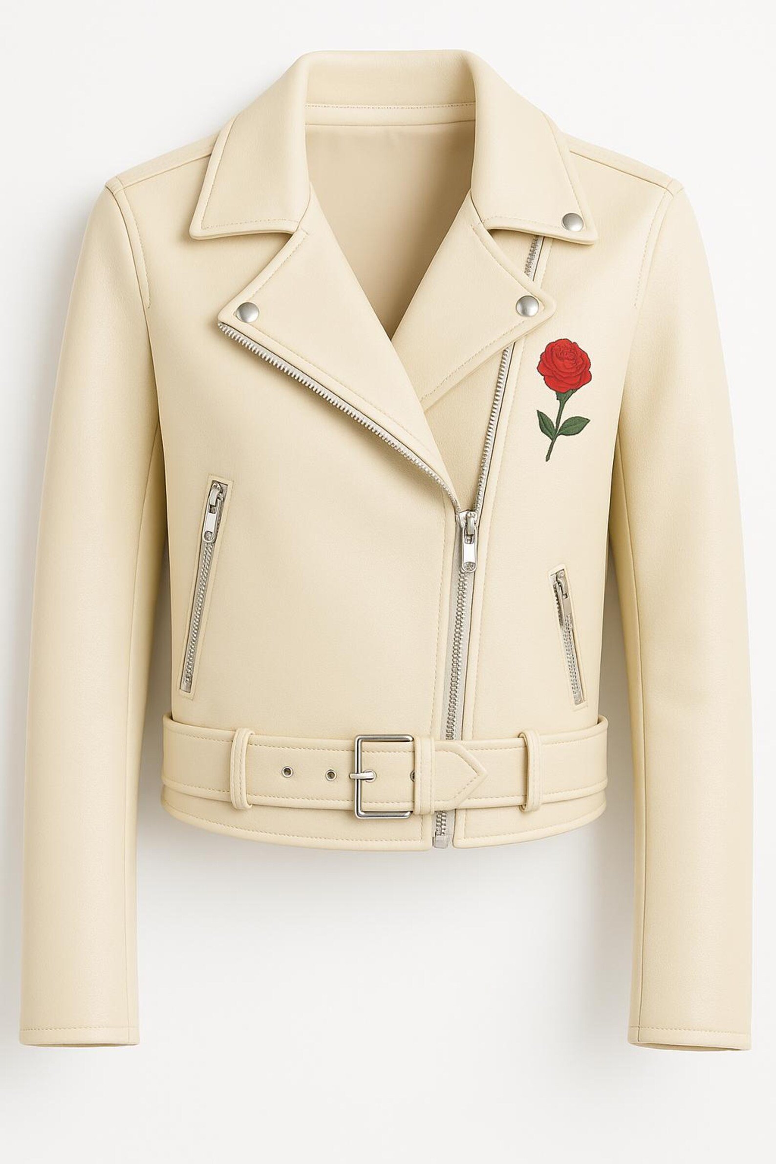 Women’s Beige Leather Biker Jacket with Red Rose Embroidery Cropped Moto Style Women’s Beige Leather Biker Jacket with Red Rose Embroidery Cropped Moto Style