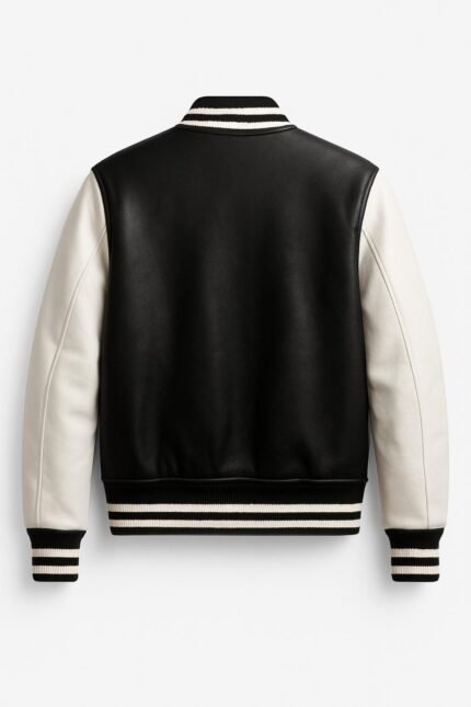 Men’s Black & White Varsity Bomber Jacket Handmade Leather Baseball Letterman Jacket