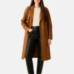 Women Brown Leather Trench Coat Long Belted Handmade Overcoat - Image 2