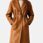 Women Brown Leather Trench Coat Long Belted Handmade Overcoat - Image 4