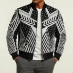 Men’s Black and White Geometric Studded Leather Jacket with Mesh Panels