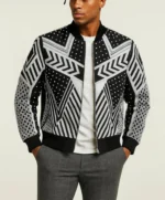 Men’s Black and White Geometric Studded Leather Jacket with Mesh Panels